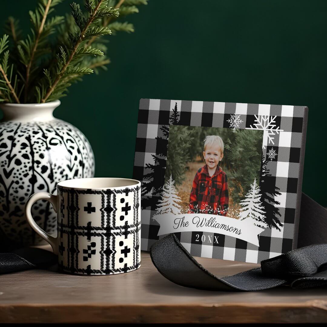 Black Buffalo Plaid Rustic Pine Tree Family Photo Plaque