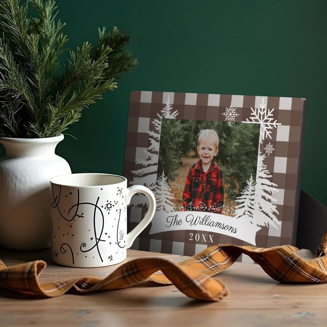 Brown Buffalo Plaid Rustic Pine Tree Family Photo Plaque