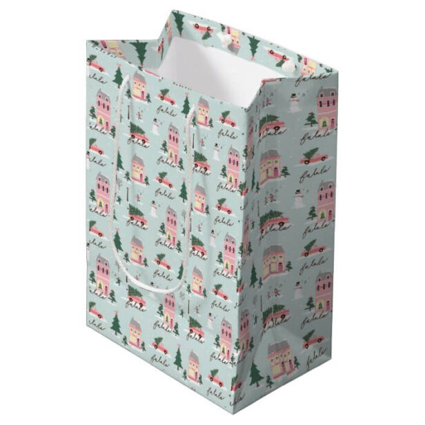 Fa La Home For The Holidays Town & Pink Retro Van Medium Blue Gift Bag