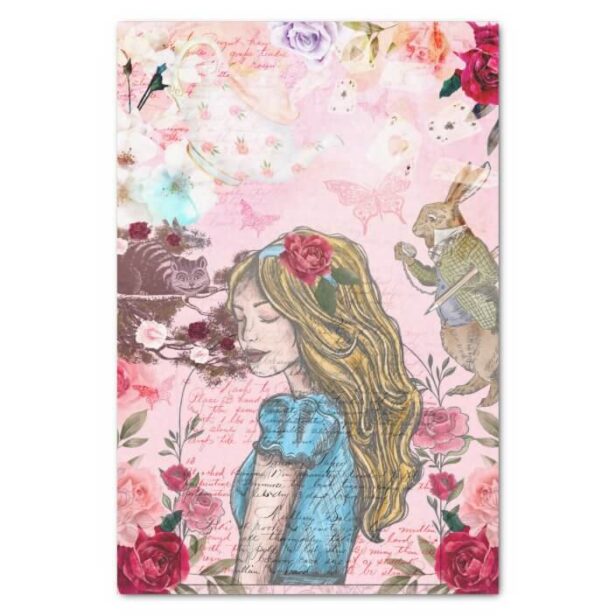 Alice In Wonderland Collage Decoupage Floral Roses Blush Pink Tissue Paper