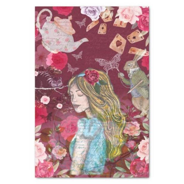 Alice In Wonderland Collage Decoupage Floral Roses Burgundy Tissue Paper