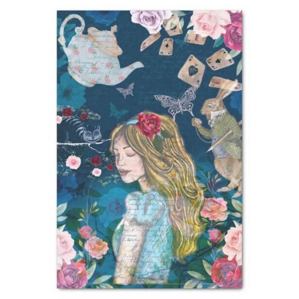 Alice In Wonderland Collage Decoupage Floral Roses Navy Blue Tissue Paper
