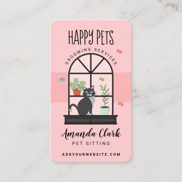 Cute Happy Black Cat on Window Sill Pet Sitting Pink Business Card
