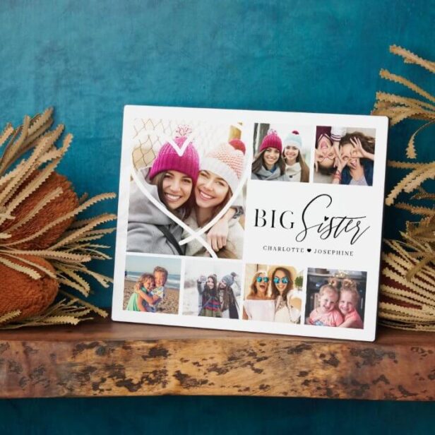 Gift For Big Sister 7 Photo Collage Heart BFFs White Plaque