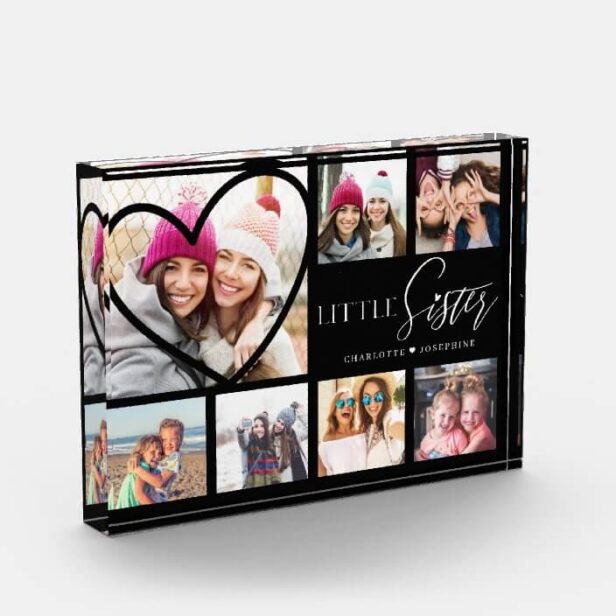 Gift For Little Sister 7 Photo Collage Heart BFFs Black Photo Block