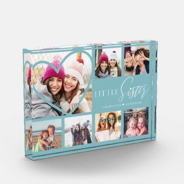 Gift For Little Sister 7 Photo Collage Heart BFFs Blue Photo Block