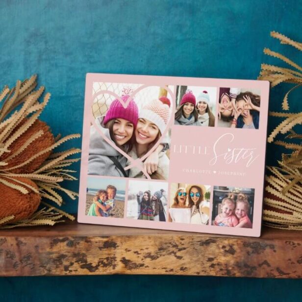 Gift For Little Sister 7 Photo Collage Heart BFFs Pink Plaque