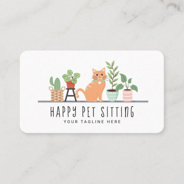 Home Pet Sitting Loveable Happy Cat & House Plants White Business Card