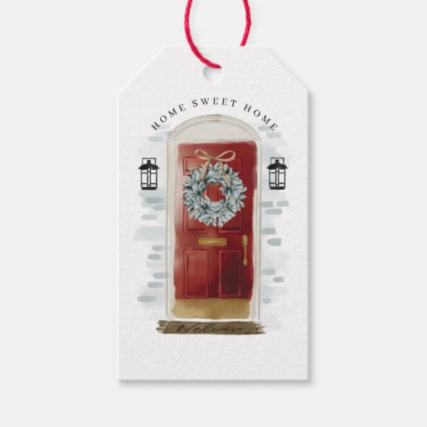 Home Sweet Home Red Watercolor Front Door Wreath Gift Tags