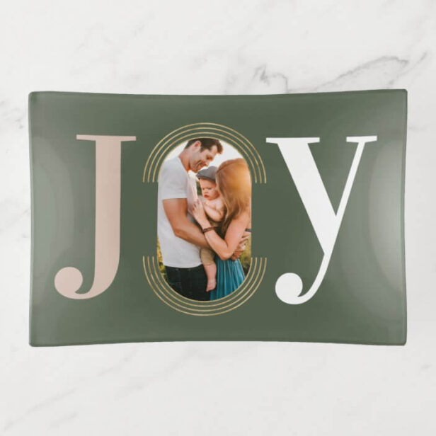 Joy Love Modern Type Geometric Family Photo Green Trinket Tray