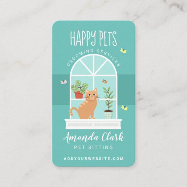 Loveable Happy Cat on Window Sill Pet Sitting Teal Blue Business Card
