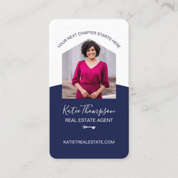 Modern Home Professional Real Estate Agent Photo Business Card Navy Blue And White