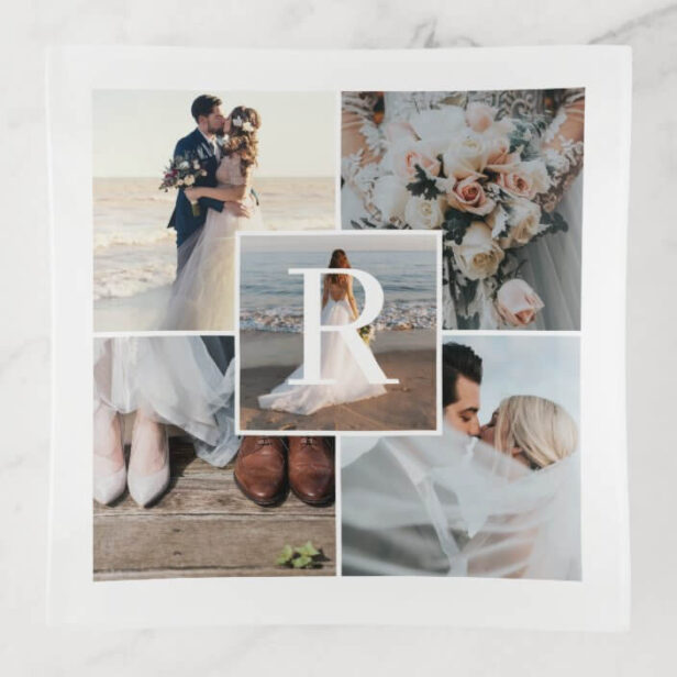 Newlywed Couples 5 Photo Collage Custom Monogram Trinket Tray
