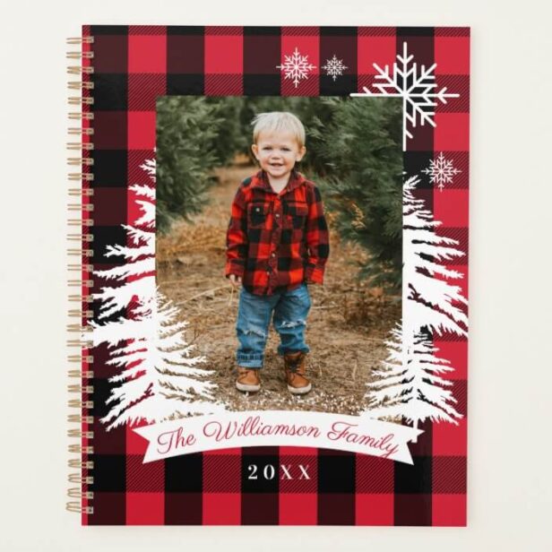 Red Buffalo Plaid Rustic Pine Trees Family Photo Planner