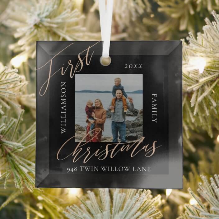 Rose Gold Calligraph Christmas New Home Photo Black Glass Ornament