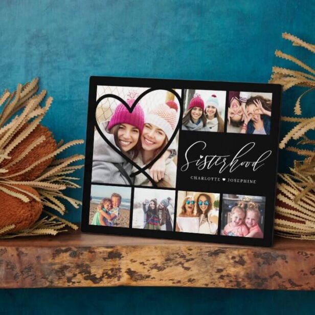 Sisterhood Script BFFs Heart 7 Photo Grid Collage Black Plaque