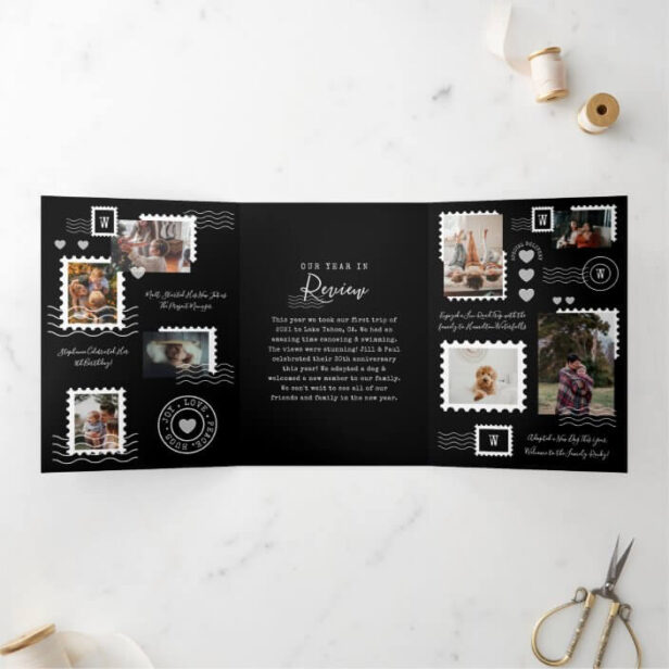Year Review Family Photos Postage Stamp Collage Black Tri-Fold Invitation