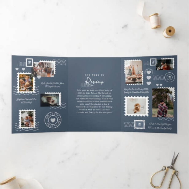 Year Review Family Photos Postage Stamp Collage Blue Tri-Fold Invitation