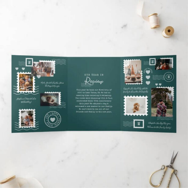 Year Review Family Photos Postage Stamp Collage Green Tri-Fold Invitation