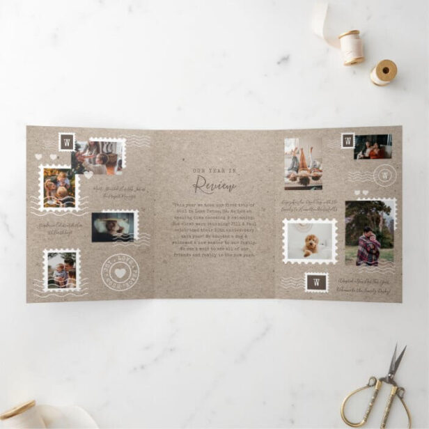 Year Review Family Photos Postage Stamp Collage Brown Tri-Fold Invitation
