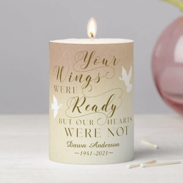 Your Wings Were Ready Memorial Keepsake Dove Faux Gold Pillar Candle