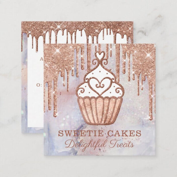 Bakery Cupcake Glitter Rose Gold Pink Drips Square Business Card