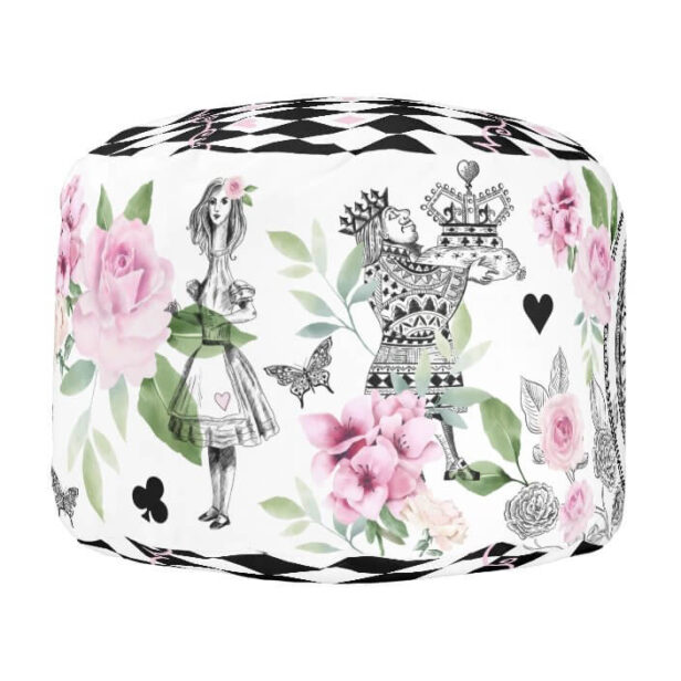 Chic Fairytale Alice In Wonderland Pink Florals White Pouf