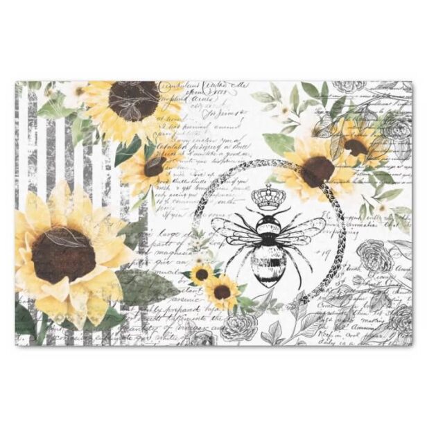 Chic Rustic Vintage Queen Honey Bee Sunflowers White Tissue Paper