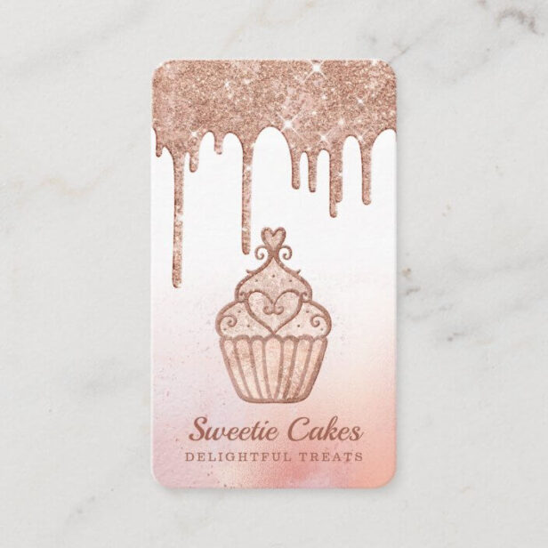 Elegant Rose Gold Glitter Drips Bakery Cupcake Business Card