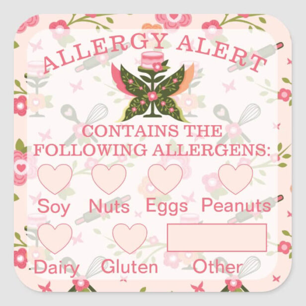Food Safety Allergy Alert Bakery Butterfly Cake Square Sticker
