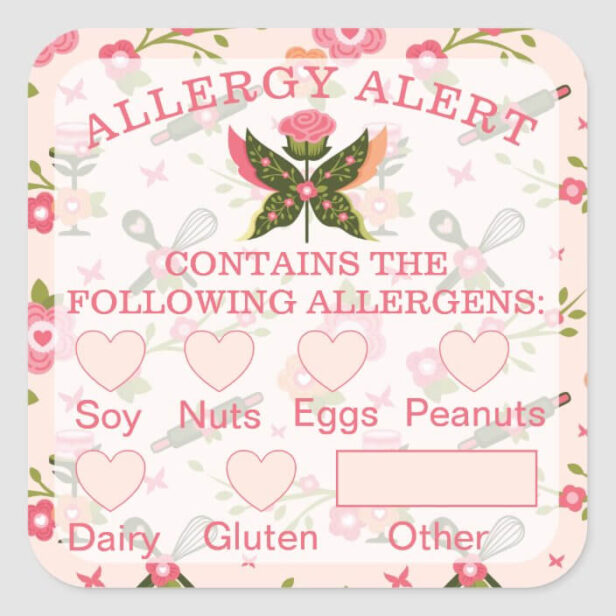 Food Safety Allergy Alert Bakery Butterfly Cupcake Square Sticker