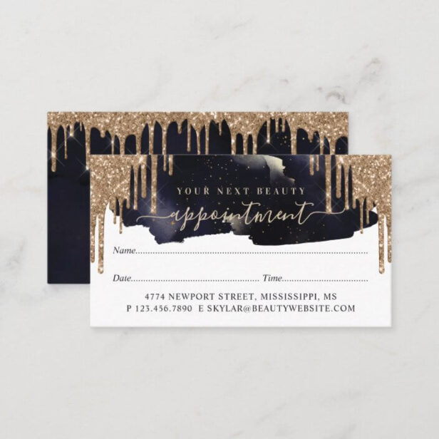 Glam Navy & Gold Glitter Drips Elegant Beauty Appointment Card
