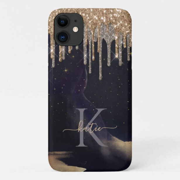 Glam Navy Watercolor & Gold Glitter Drips Monogram Case-Mate iPhone Case