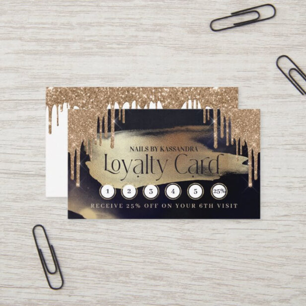 Glamorous Gold Glitter Drip Navy & Gold Loyalty Business Card