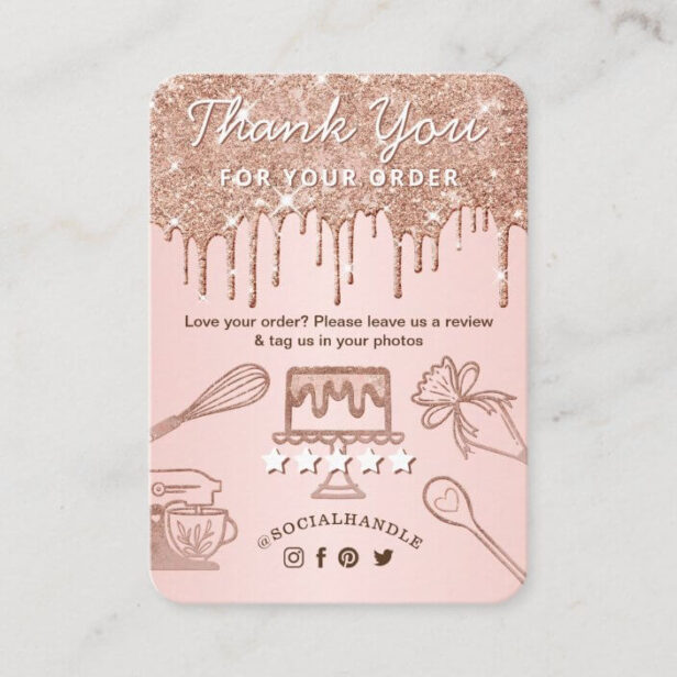 Leave A Review Rose Gold Pink Drips Cake Bakery Enclosure Card