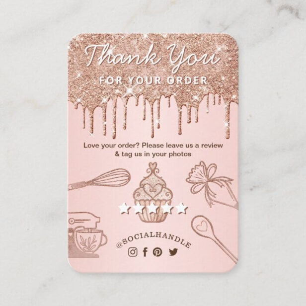 Leave A Review Rose Gold Pink Drips Cupakes Bakery Enclosure Card