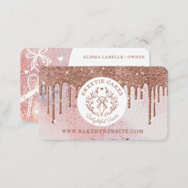 Pastry Bag Bakery Glitter Rose Gold Pink Drips Business Card