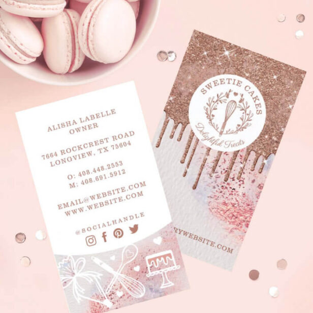 Pastry Bakery Whisk Glitter Rose Gold Pink Drips Vertical Business Card