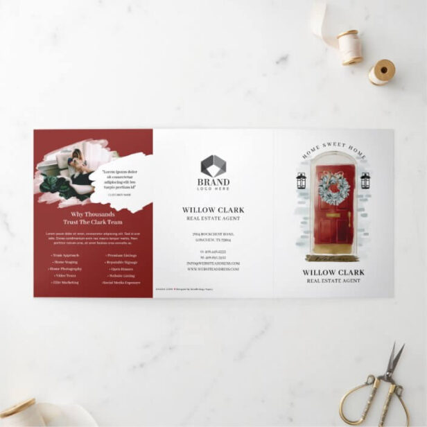 Red Watercolor Front Door Real Estate Marketing Tri-Fold Card