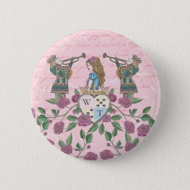 Vintage Alice In Wonderland Roses & Monogram Crest Button