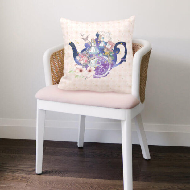 Chic Magical Storybook Alice In Wonderland Teapot Throw Pillow