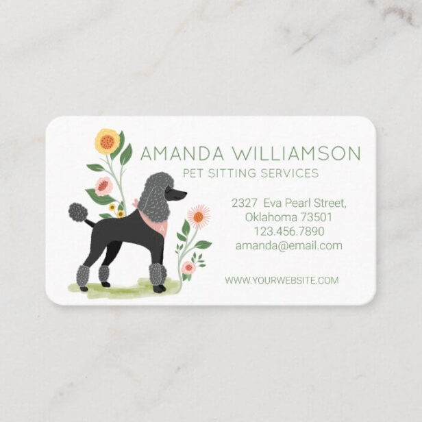 Cute Floral Show Clip black Poodle Dog Pet Care Services Business Card