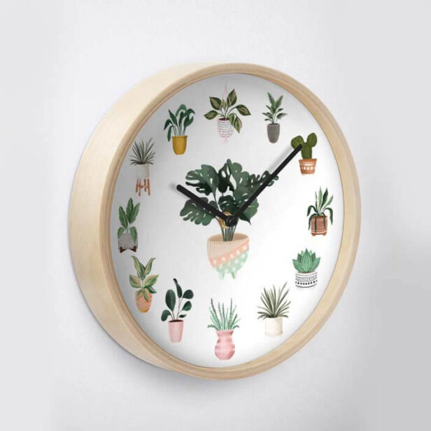 Fun & Colorful Bohemian Watercolor Potted House Plants Clock