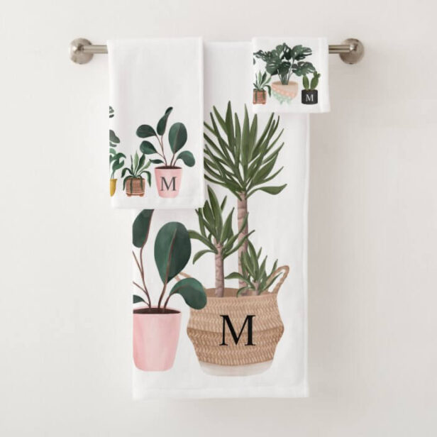 Plant Lover Chic Watercolor Potted Plants Monogram Bath Towel Set