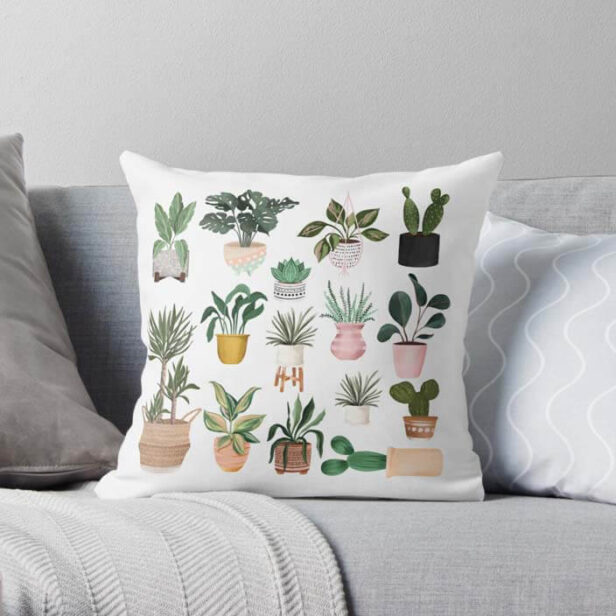 Plant Lovers Watercolor Potted Plants Throw Pillow