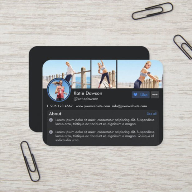 Social Media Personal Fitness Trainer Profile Page Black Business Card