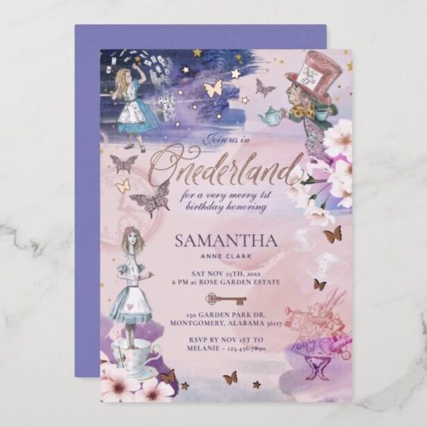 1st Birthday in Onederland Magical Wonderland Rose Gold Foil Invitation