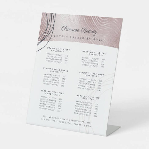 Abstract Glam Rose Gold Beauty Salon Service List White Pedestal Sign