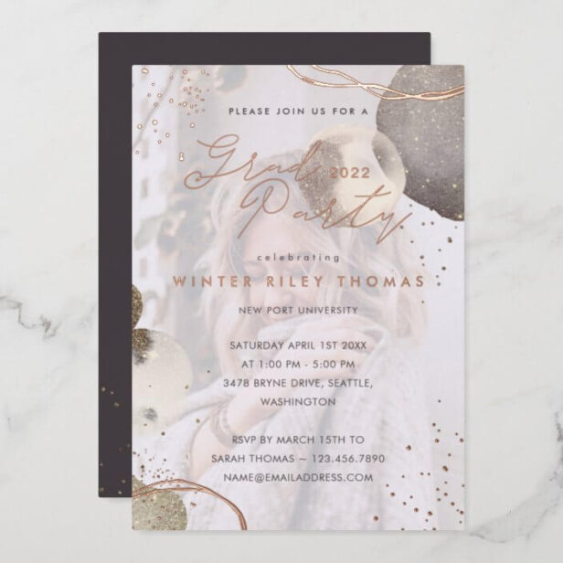 Abstract Watercolor Glitter Graduation Photo Party Rose Gold Foil Invitation