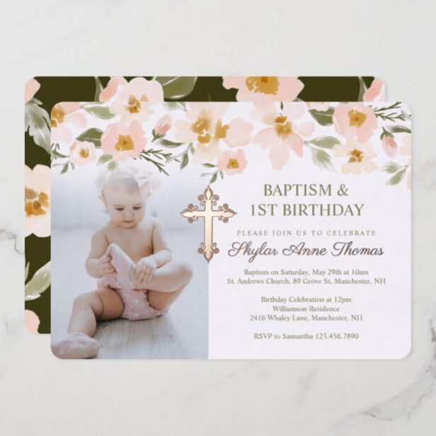 Baptism & 1st Birthday Watercolor Florals Photo Foil Invitation